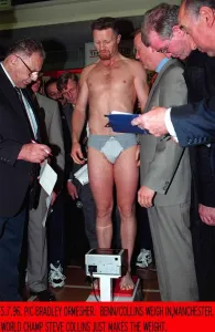 Steve Collins during weigh in before fight with Nigel Benn in Manchester Steve Collins during weigh in before fight with Nigel Benn in Manchester