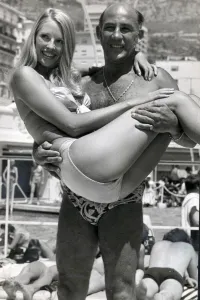 Stirling Moss and model Liz Hooley in Monte Carlo - June 1973 Stirling Moss and model Liz Hooley in Monte Carlo - June 1973