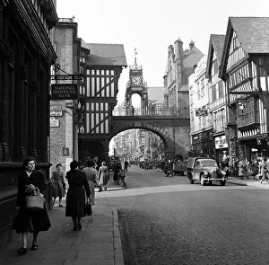 Street scenes in Chester with a view of the Eastgate and Eastgate Clock, Cheshire Street scenes in Chester with a view of the Eastgate and Eastgate Clock, Cheshire