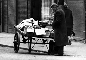 A street trader with his barrow on the streets of Newcastle on 5th April 1966 A street trader with his barrow on the streets of Newcastle on 5th April 1966
