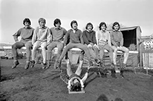 Strong man lifts some of the Bristol Rovers players. March 1975 75-01200 Strong man lifts some of the Bristol Rovers players. March 1975 75-01200
