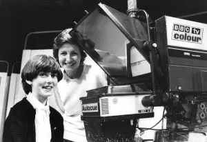 Sue Lawley with schoolgirl in BBC TV studio showing her the autocue - December 1980 Sue Lawley with schoolgirl in BBC TV studio showing her the autocue - December 1980