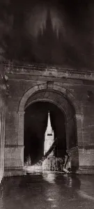 Through the suspension bridge arch under which two girls shelter All Saints Church at Through the suspension bridge arch under which two girls shelter All Saints Church at