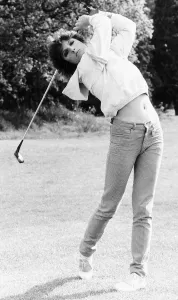 Suzanne Danielle actress driving at golf 1983 Suzanne Danielle actress driving at golf 1983