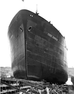 The tanker Esso Durham stands on a slipway in a North East Shipyear The tanker Esso Durham stands on a slipway in a North East Shipyear