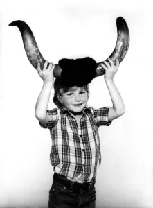 Taurus: Nicholas Carn aged 6. Bull's horns. October 1980 P012695 Taurus: Nicholas Carn aged 6. Bull's horns. October 1980 P012695