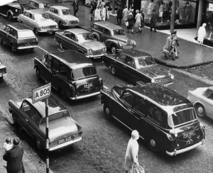 Taxis in a Glasgow street, stuck in traffic around the city centre Taxis in a Glasgow street, stuck in traffic around the city centre