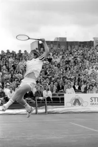 Tennis at Queens Club. Stella Artois. John McEnroe of USA in action. June 1980 80-03117 Tennis at Queens Club. Stella Artois. John McEnroe of USA in action. June 1980 80-03117