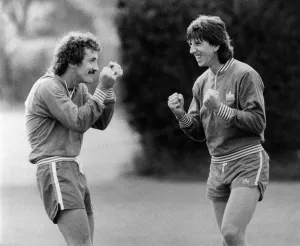 Terry McDermott and Paul Mariner, England teammates, having fun during team training Terry McDermott and Paul Mariner, England teammates, having fun during team training