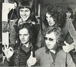 Thumbs up from the Black Country rock group Slade. 24/02/1975 Top - Dave Hill Thumbs up from the Black Country rock group Slade. 24/02/1975 Top - Dave Hill
