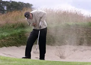 Tiger Woods The Open Championship golf 1999 Carnoustie caught by a sandstorm in Tiger Woods The Open Championship golf 1999 Carnoustie caught by a sandstorm in
