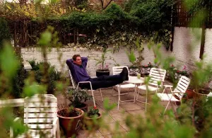 Tony Blair Labour Party leader at home resting in the garden sitting on chair Tony Blair Labour Party leader at home resting in the garden sitting on chair