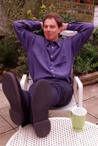 Tony Blair Labour Party leader relaxing at home sitting in garden with feet up Tony Blair Labour Party leader relaxing at home sitting in garden with feet up