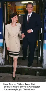 Tony Blair Labour Party leader with his wife Cherie Blair arriving at Gloucester Station Tony Blair Labour Party leader with his wife Cherie Blair arriving at Gloucester Station