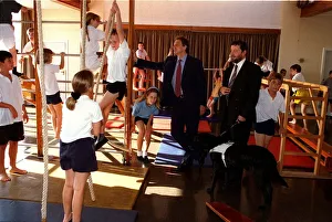 Tony Blair PM and David Blunkett Education Secretary watch a class in the gymnasium at St Tony Blair PM and David Blunkett Education Secretary watch a class in the gymnasium at St