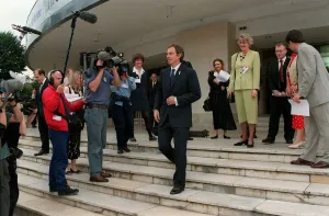 Tony Blair Prime Minister July 98 Leaving Earls Court show after giving a speech Tony Blair Prime Minister July 98 Leaving Earls Court show after giving a speech