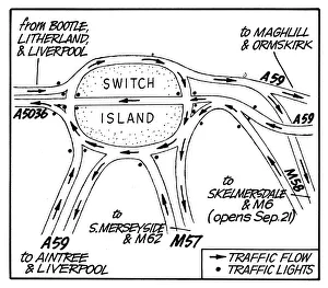 Traffic flow at Switch Island Junction illustrated in the Liverpool Echo drawing Circa Traffic flow at Switch Island Junction illustrated in the Liverpool Echo drawing Circa