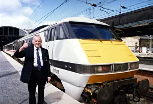 Train driver Bob Elington with a new Intercity 225 electric train on 7th August 1991 Train driver Bob Elington with a new Intercity 225 electric train on 7th August 1991