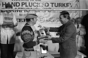 Turkey plucking championship at Henley. December 1984 Turkey plucking championship at Henley. December 1984