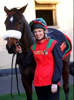 Images Dated 4th April 1997: Tv Presenter Zoe Ball dressed in Mirror racing colours with Avro Anson - the horse