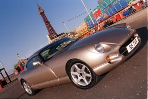 TVR car February 1999 Road Record TVR speed six in Blackpool Tower in background TVR car February 1999 Road Record TVR speed six in Blackpool Tower in background