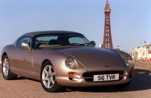 TVR car February 1999 Road Record TVR speed six in Blackpool Tower in background TVR car February 1999 Road Record TVR speed six in Blackpool Tower in background