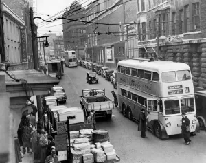Unregulated parking causes problems in Newcastle's Westgate Road, in 1953. Trolleybus Unregulated parking causes problems in Newcastle's Westgate Road, in 1953. Trolleybus