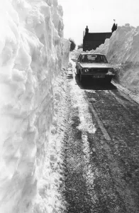 A Volvo 142 makes it way through the snow drifts in Hexham A Volvo 142 makes it way through the snow drifts in Hexham