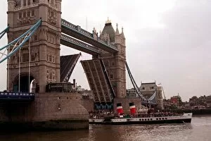 Images Dated 1st August 1997: Waverley ferry sailing below the Tower Bridge to celebrate her 50th birthday crowds cheer