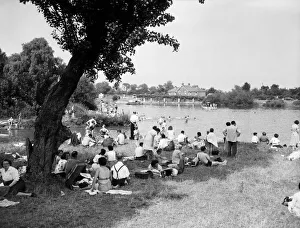 Weekend scene on the river. Chertsey, Surrey. 17th July 1955 Weekend scene on the river. Chertsey, Surrey. 17th July 1955