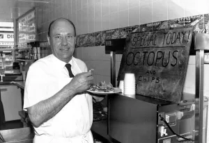 Weymouth chip shop manager Des Miles samples Octopus June 1991 Weymouth chip shop manager Des Miles samples Octopus June 1991
