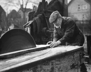Wheelwright William Punday aged 73 seen here working with a circular saw February Wheelwright William Punday aged 73 seen here working with a circular saw February