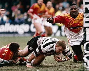 Widnes v Sheffield Eagles, Rugby League match. Paul Hume dragged downright on the line by Widnes v Sheffield Eagles, Rugby League match. Paul Hume dragged downright on the line by