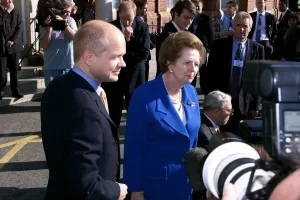 William Hague, Leader of the Conservative party stands alongside Lady Thatcher on her William Hague, Leader of the Conservative party stands alongside Lady Thatcher on her