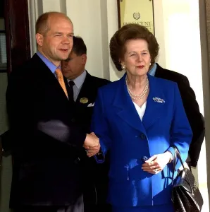 William Hague, Leader of the Conservative party stands alongside Lady Thatcher on her William Hague, Leader of the Conservative party stands alongside Lady Thatcher on her