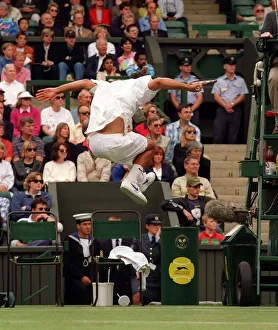 WIMBLEDON 1996, DAY 8 PETE SAMPRAS LEAPING THROUGH THE AIR DURING WIMBLEDON' WIMBLEDON 1996, DAY 8 PETE SAMPRAS LEAPING THROUGH THE AIR DURING WIMBLEDON'