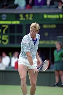 Images Dated 29th June 1989: Wimbledon Tennis. Boris Becker Wearing Banned Shirt. June 1989 89-3895-018