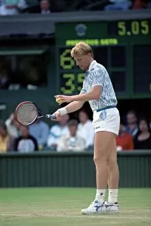 Images Dated 29th June 1989: Wimbledon Tennis. Boris Becker Wearing Banned Shirt. June 1989 89-3895