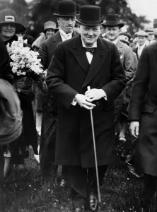 Winston Churchill in cheery mood on arrival at Hale Hall Winston Churchill in cheery mood on arrival at Hale Hall