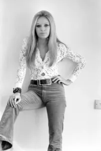 Woman wearing Hippy flared trousers and top. October 1969 Woman wearing Hippy flared trousers and top. October 1969