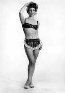 Woman wearing an unusual bikini with apron style frontage Woman wearing an unusual bikini with apron style frontage