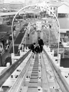 Workmen check over the new giant water chute built at Belle Vue Workmen check over the new giant water chute built at Belle Vue