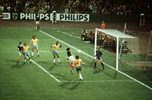 World Cup 1974 Scotland Brazil Joe Jordan heading ball at goal football World Cup 1974 Scotland Brazil Joe Jordan heading ball at goal football
