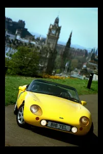 Yellow TVR Griffith 500 car in Edinburgh May 1998 Yellow TVR Griffith 500 car in Edinburgh May 1998