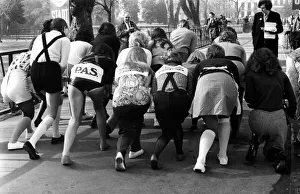 On yer marks - all ready for the off in the Shrove Tuesday Pancake race at London' On yer marks - all ready for the off in the Shrove Tuesday Pancake race at London'