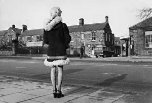 Young mother looking across road at Newcastle General Hospital. 31st October 1974 Young mother looking across road at Newcastle General Hospital. 31st October 1974