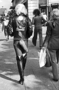 A young punk rocker walking down Colmore Road, Birmingham A young punk rocker walking down Colmore Road, Birmingham