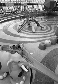 Two young visitors enjoys the Elephant water chute at Rhyl Suncentre. 23rd May 1996 Two young visitors enjoys the Elephant water chute at Rhyl Suncentre. 23rd May 1996
