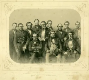 Prints of Print depicting Francis Pettit Smith, inventor of the screw propeller, and Captain Barnard Matthews and officers of the SS Great Britain Steamship Prints: 1852 Print of Francis Pettit Smith and SS Great Britain Officers