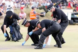 The Open 2006 Print: Police Remove Eggs from the 18th Green